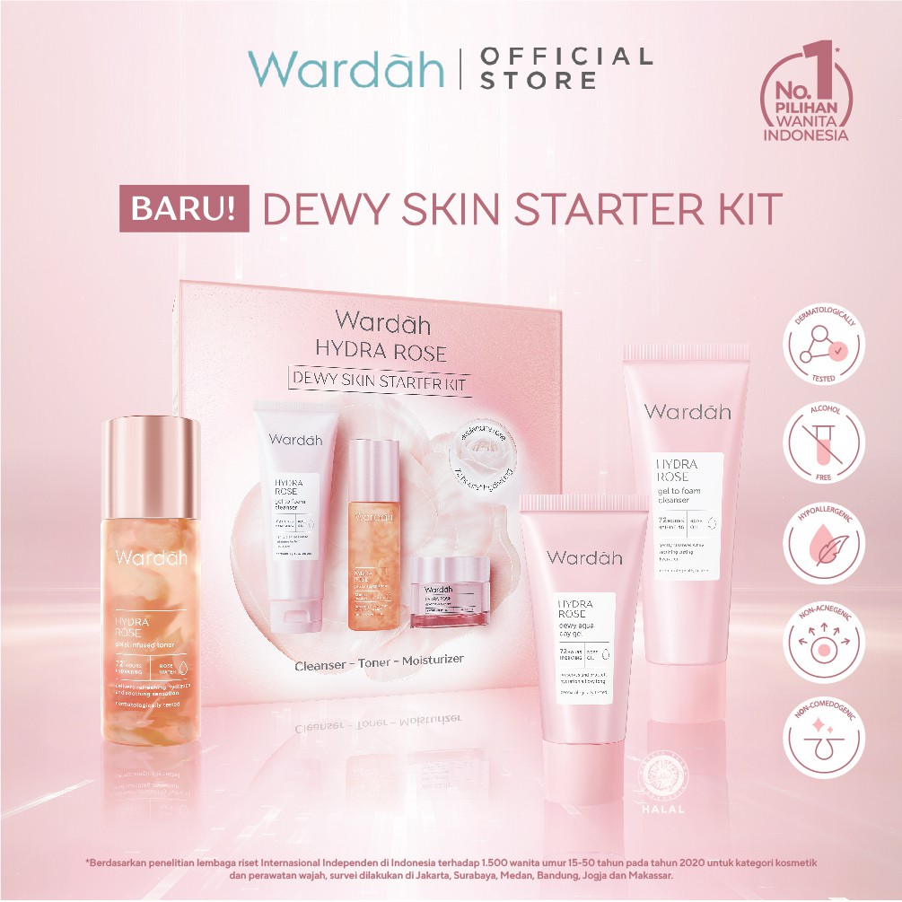 Wardah Hydra Rose Dewy Skin Starter Kit 3in1 (Facial Wash 20ml, Toner 30ml, Day Gel 8ml) *