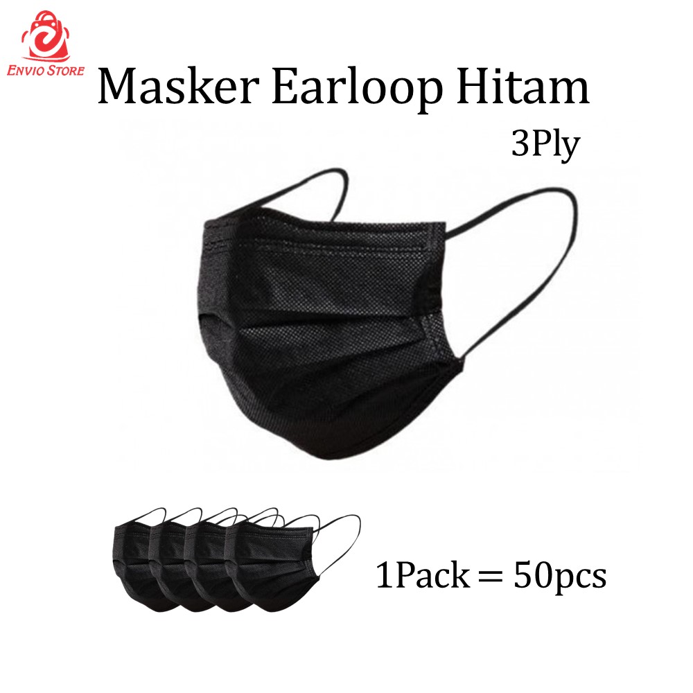 (Isi 50) Masker 3ply Earloop HITAM - Disposable Mask