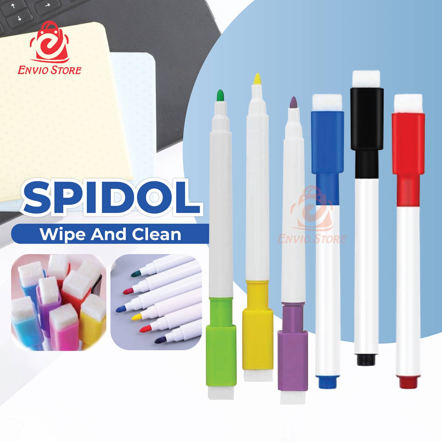 Spidol Wipe & Clean set 3pcs - Spidol Pena Warna Warni dengan Penghapus 