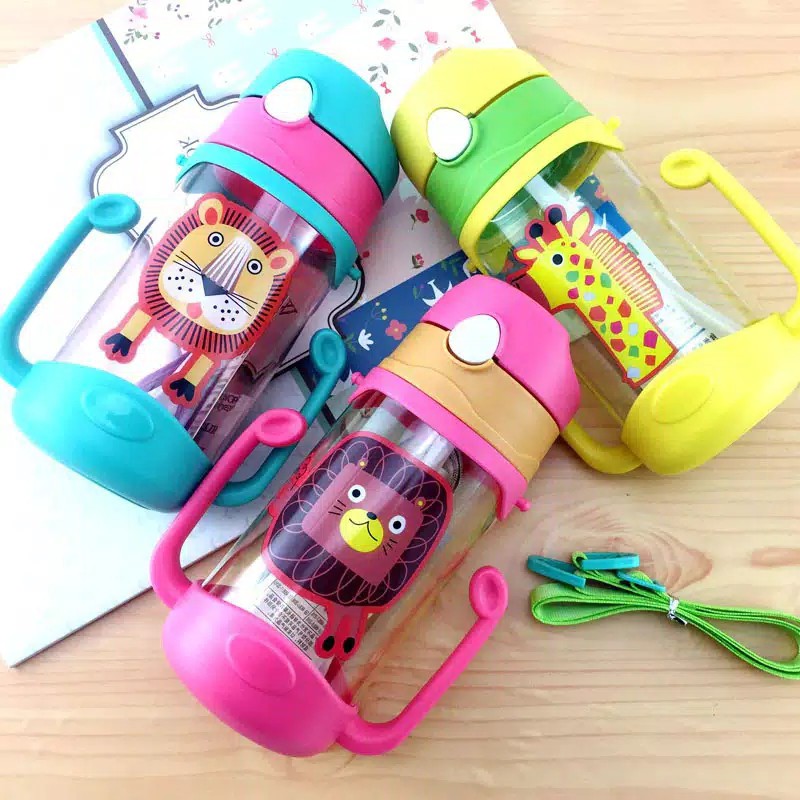 Botol Minum Anak Gagang Animal Warna Warni + Tali 450ml (6743)