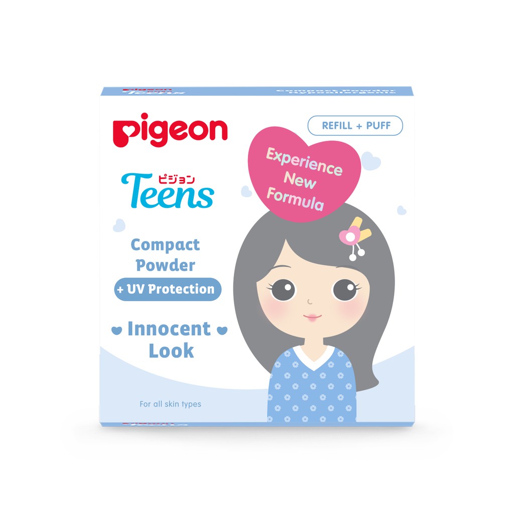 Pigeon Teens Compact Powder + UV Protection Refill + Puff 14gr - Pink (Pack Biru)