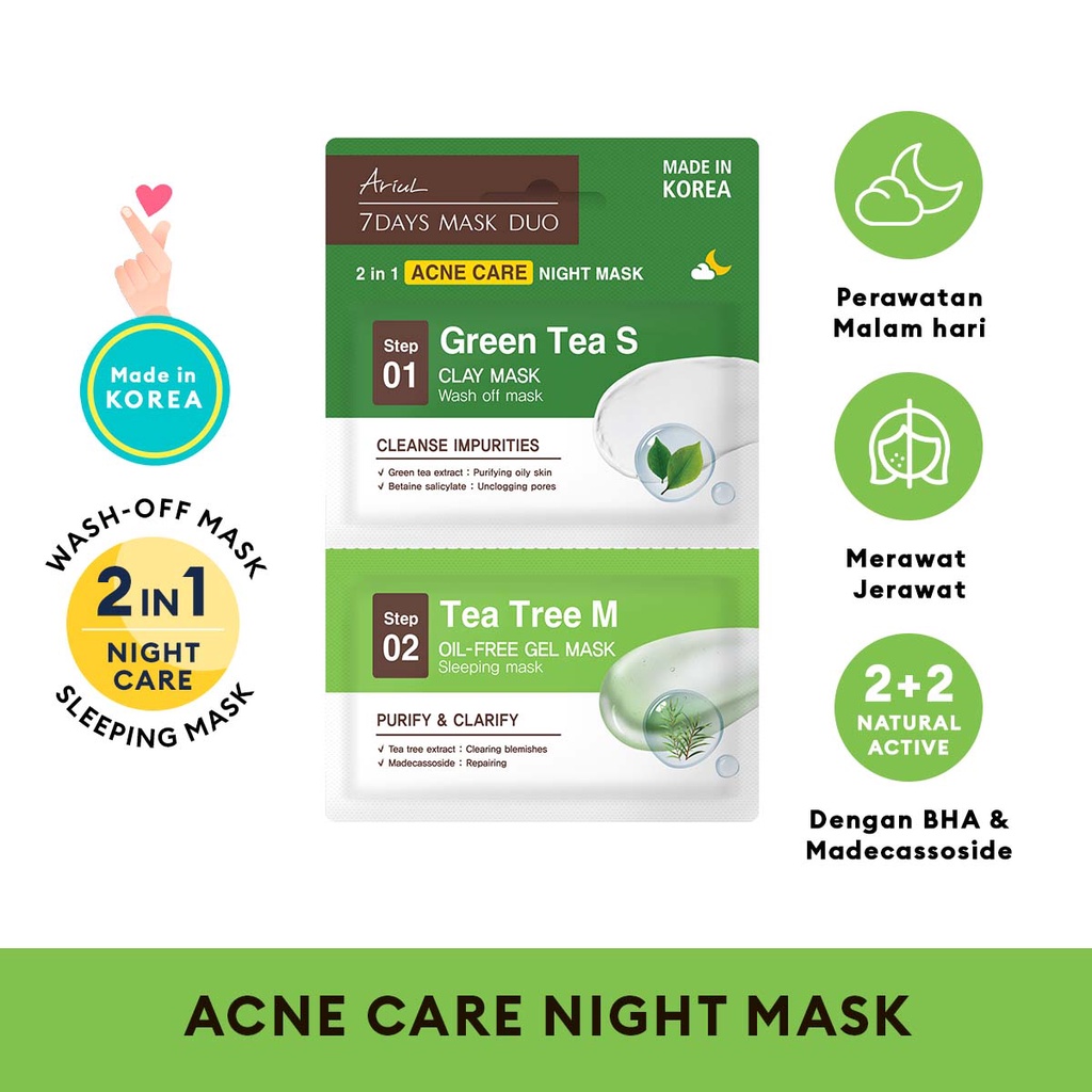Ariul 7 Days Mask Duo 2in1 Acne Care Night Mask - Green Tea S + Tea Tree M