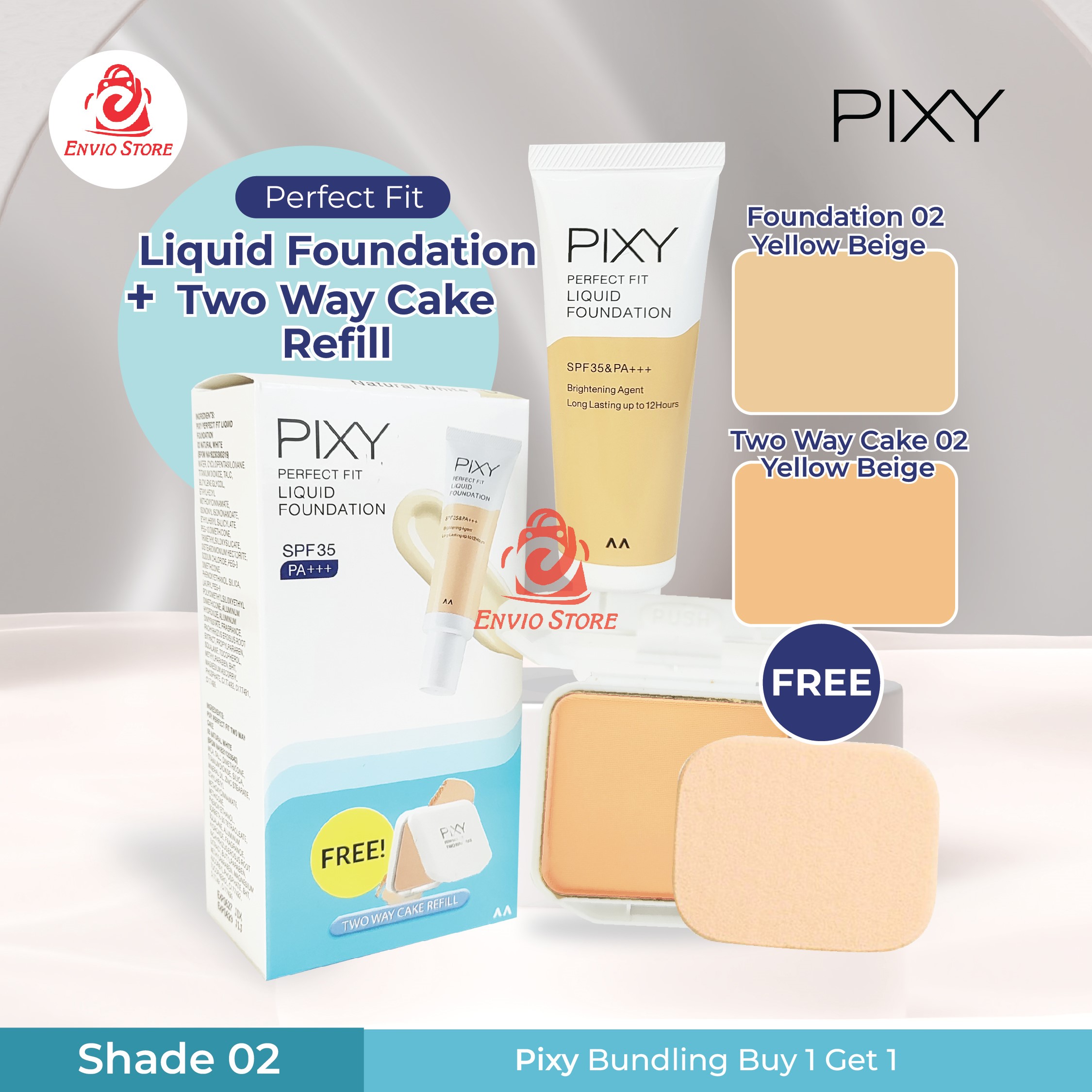 Pixy (Buy1 Free1) Perfect Fit Liquid Foundation 02 Yellow Beige + Two Way Cake Refill 02 Yellow Beige
