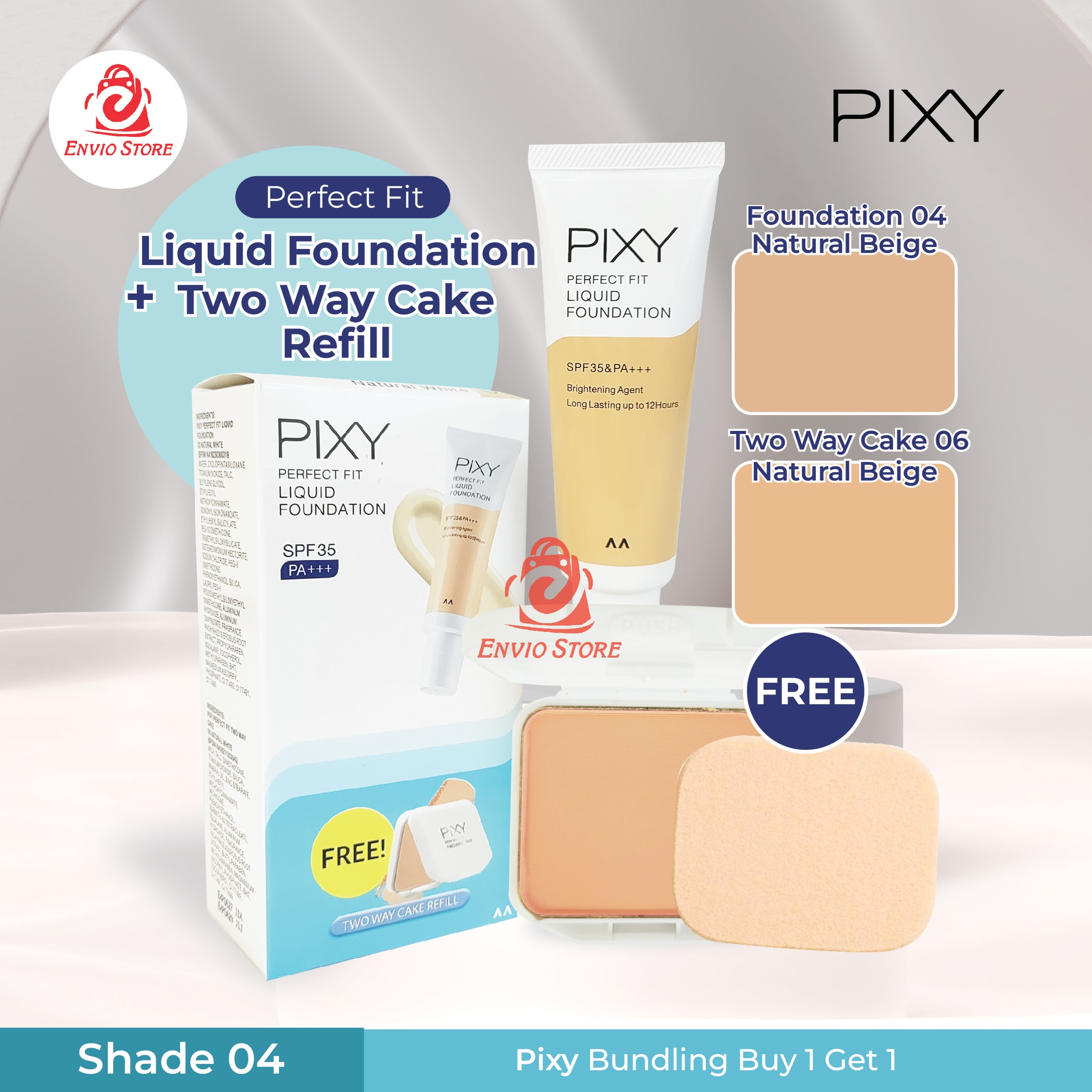 Pixy (Buy1 Free1) Perfect Fit Liquid Foundation 04 Natural Beige + Two Way Cake Refill 06 Natural Beige