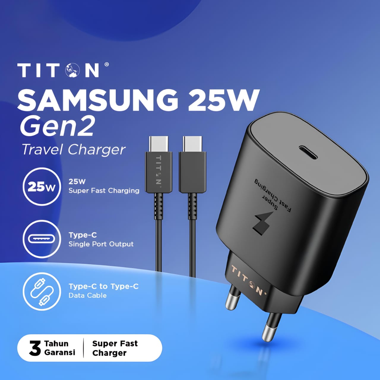 Titon Gen2 Travel Charger Samsung 25W + Kabel Type-C to Type-C